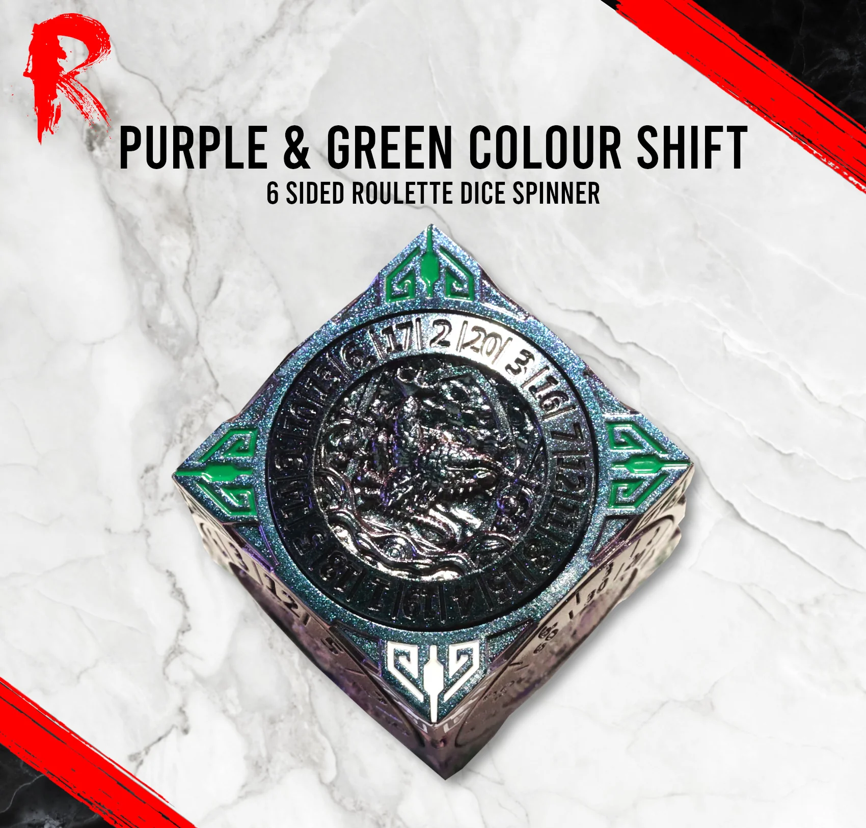 6 Sided Roulette Dice Spinner - Purple & Green Colour Shifting - Ronin Games Dice - DR006 - Image 2