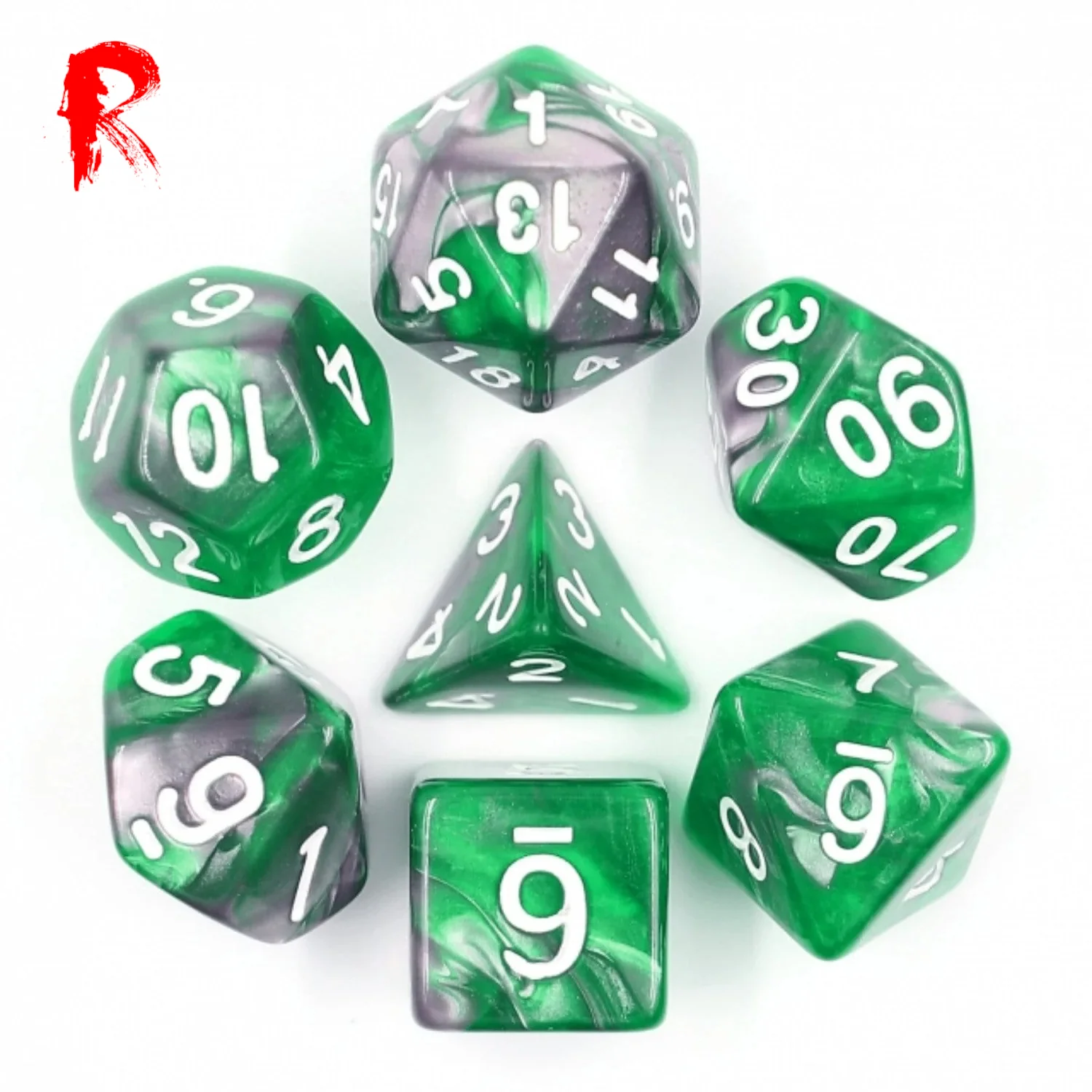 Eldritch Ore - Marbled Green and Grey RPG 7-Dice Set - Ronin Games - HDB-48