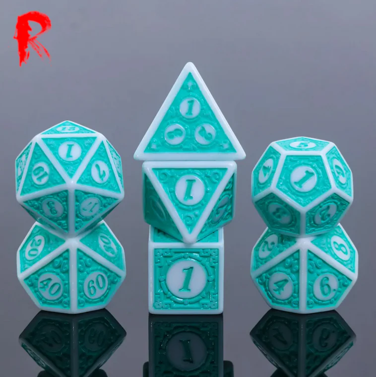 Glowing Runes - Teal/White Rune 7-Die RPG Set - Ronin Games Acrylic Dice - HDO-43
