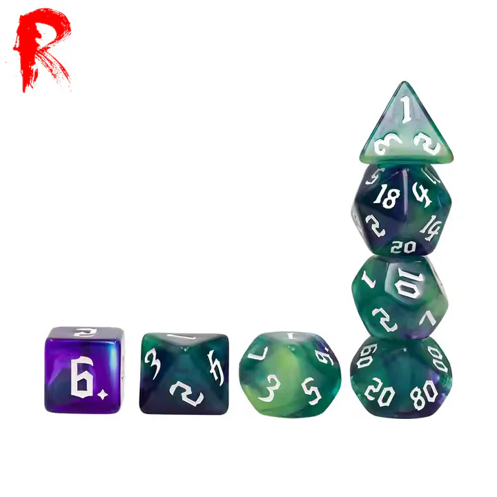 Green Goblins - Multi-Coloured Swirl 7-Die RPG Set - Ronin Games Acrylic Dice - HDB-73 - Image 2