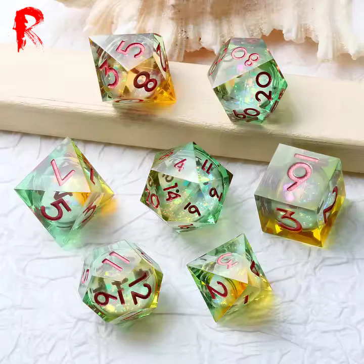 Autumn Rain - Green Resin Liquid Core Constellation 7-Dice RPG Set - Ronin Games Dice - SD076 - Image 3
