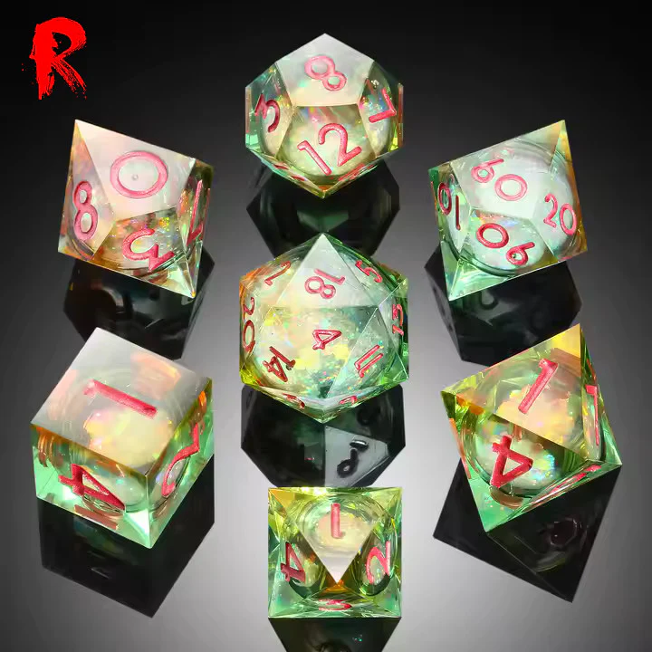 Autumn Rain - Green Resin Liquid Core Constellation 7-Dice RPG Set - Ronin Games Dice - SD076 - Image 4