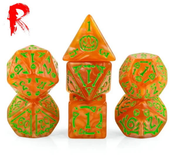 Halloween Jack - Orange/Green Etched 7-Die RPG Set - Ronin Games Acrylic Dice - HDO-57