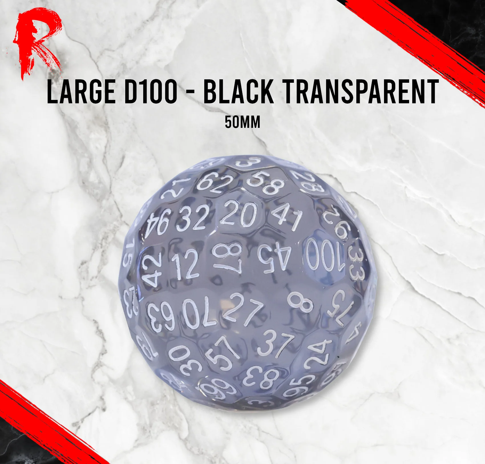 Large D100, 50mm - Black Transparent - Ronin Games Dice RD005