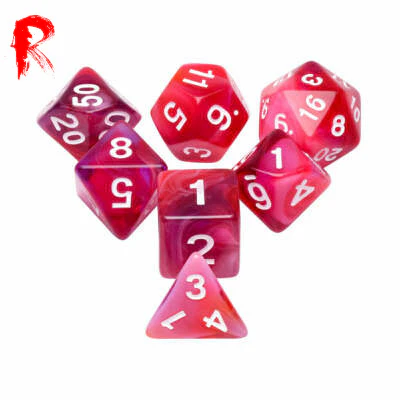 Red Clouds - Red/Pink Marble 7-Die RPG Set - Ronin Games Acrylic Dice HDB-67