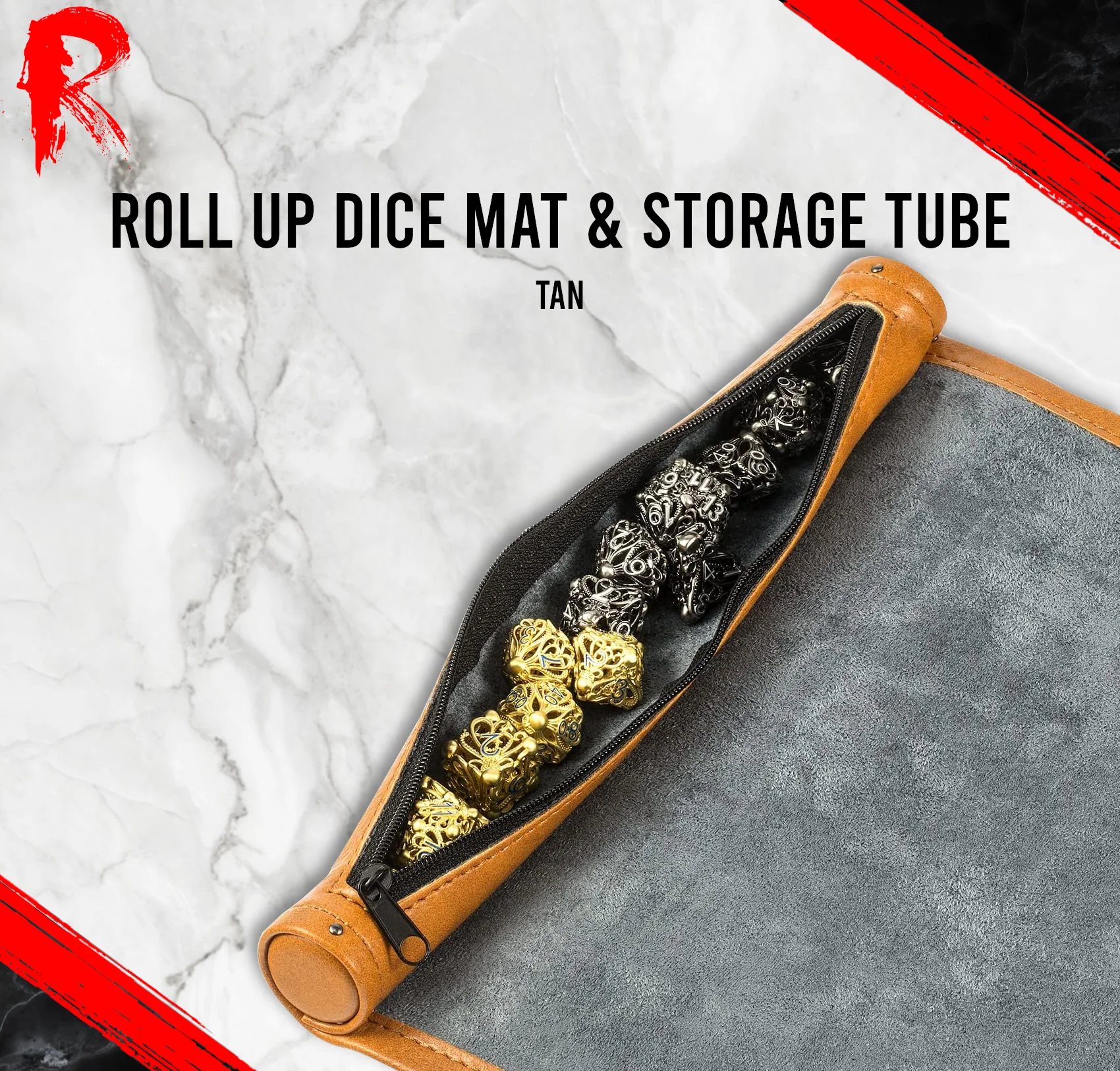 Roll Up Dice Mat & Storage Tube - Tan Leather - Image 2